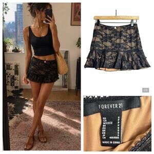 Whimsigoth Black Lace Ruffle Mini Skirt Size S Mesh Stretch Pull On